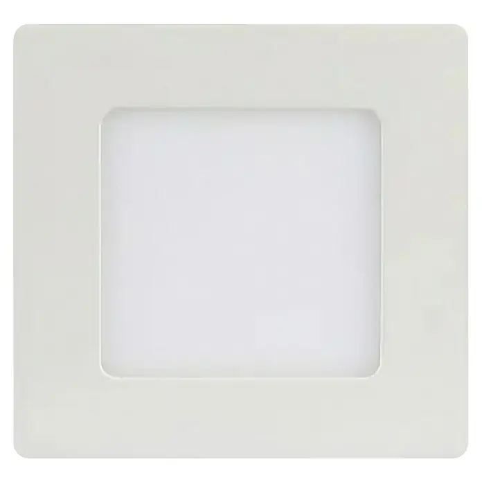 Panaled Foco downlight de superficie LED Ofis - 6 W, L x An x Al: 12 x 12 x 3 cm, Blanco cálido - Primer plano de una lámpara de techo LED cuadrada blanca, ideal para interiores modernos y soluciones de iluminación de bajo consumo.