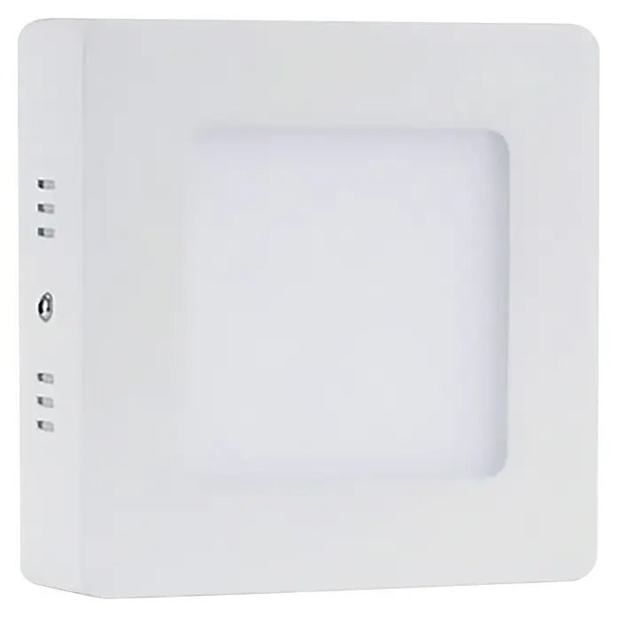 Panaled Foco downlight de superficie LED Ofis - 6 W, L x An x Al: 12 x 12 x 3 cm, Blanco cálido - Primer plano de una lámpara de techo LED cuadrada y blanca, con un diseño moderno y minimalista.