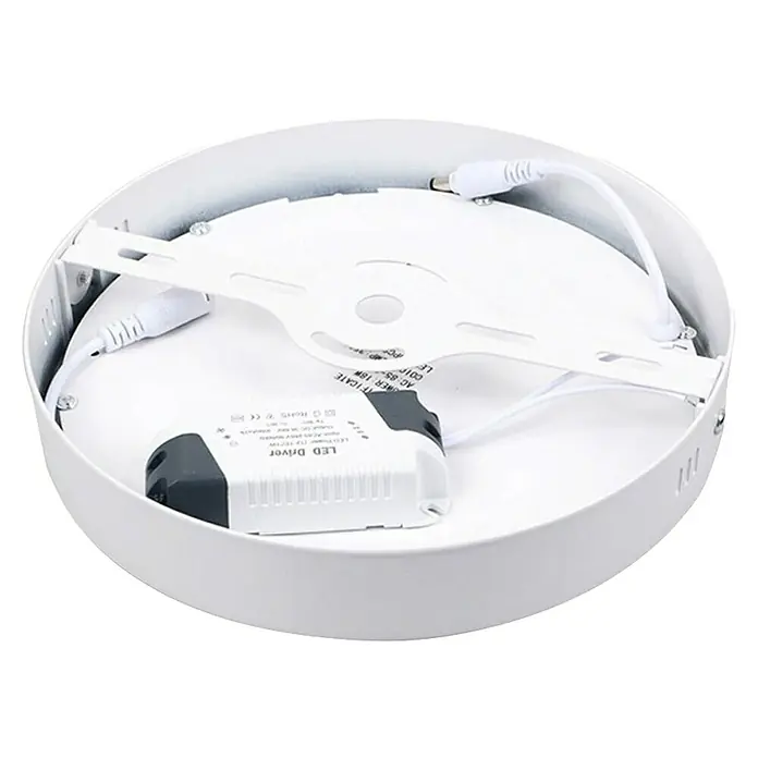Panaled Foco downlight de superficie LED Ofis - 20 W, Ø x Al: 17 x 3 cm, Blanco cálido - Primer plano de una lámpara de techo LED redonda y blanca que muestra componentes internos como el controlador LED y el cableado.
