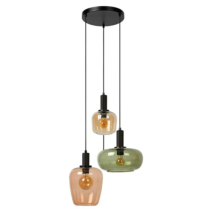 Lucide Ilona Pendelleuchte - L x B x H: 30 x 30 x 174 cm, Amber, E27 - Pendelleuchte mit drei verschiedenfarbigen Glasschirmen und Edison-Glühbirnen für ein warmes Licht.