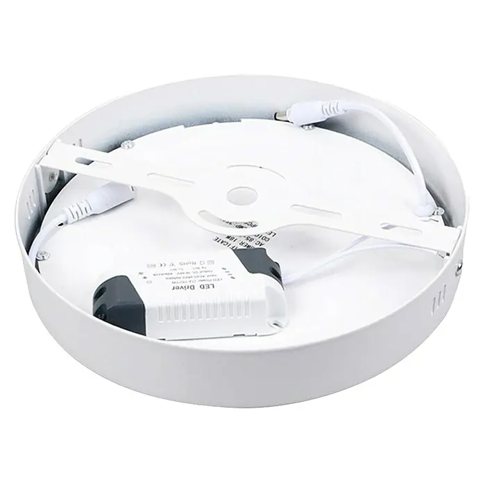 Panaled Foco downlight de superficie LED Ofis - 20 W, Ø x Al: 12 x 3 cm, Blanco cálido - Primer plano de una lámpara de techo LED redonda blanca que muestra el cableado y el controlador LED.