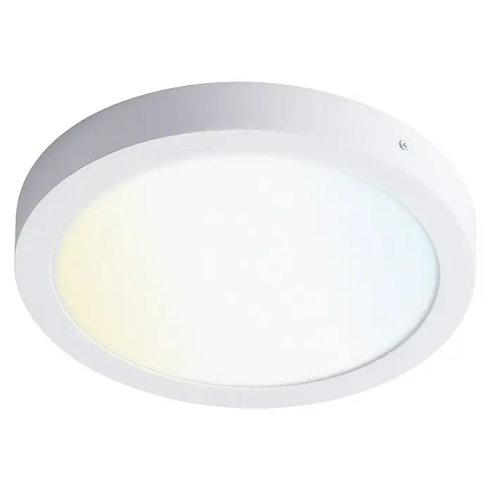 Panaled Foco downlight de superficie LED Ofis - 20 W, Ø x Al: 22 x 3 cm, Blanco cálido - Primer plano de una lámpara de techo LED redonda y blanca, que muestra un producto de iluminación moderno y brillante para interiores.