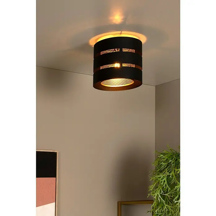 Lucide Rosas Deckenleuchte rund - 40 W, Ø x H: 26 x 22 cm, Schwarz/ Gold, Schwarz, E27 - Die zylindrische Deckenleuchte in Schwarz und Gold mit ihrem Wabendesign sorgt für warmes Licht und eine stilvolle Atmosphäre.