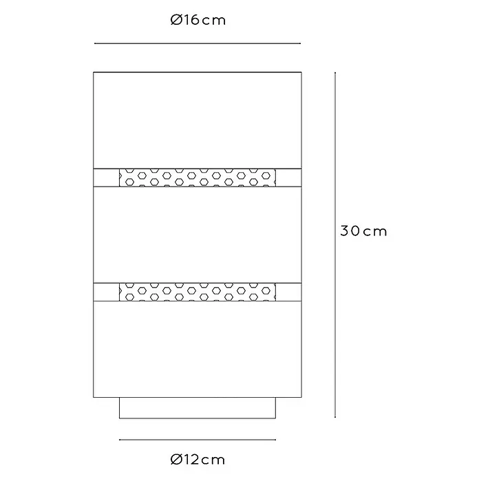 Lucide Rosas Tischleuchte rund - 40 W, Ø x H: 12 x 30 cm, Schwarz/ Gold, Schwarz, E27 - Technische Zeichnung einer zylinderförmigen Wandleuchte mit den Maßen Ø16cm oben, Ø12cm unten und 30cm Höhe.