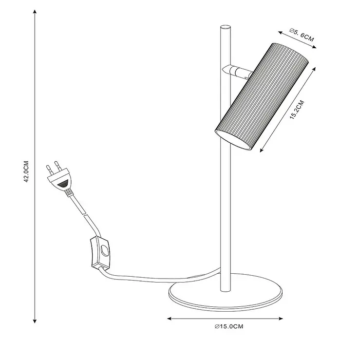 Lucide Clubs Tischleuchte - 40 W, L x B x H: 19,5 x 9 x 47 cm, Schwarz, GU10 - Abbildung einer Stehlampe mit zylindrischem Schirm, die Maße sind angegeben. Die Lampe hat eine Gesamthöhe von 42 cm und einen runden Fuß mit 15 cm Durchmesser.