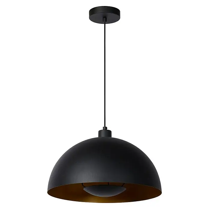 Lucide Siemon Pendelleuchte rund - 40 W, Ø x H: 40 x 150 cm, Schwarz/ Gold, E27 - Die Hängeleuchte mit einer halbkugelförmigen, mattschwarzen Außenseite und einem goldenen Schirm für warmes Licht. Edles Design.
