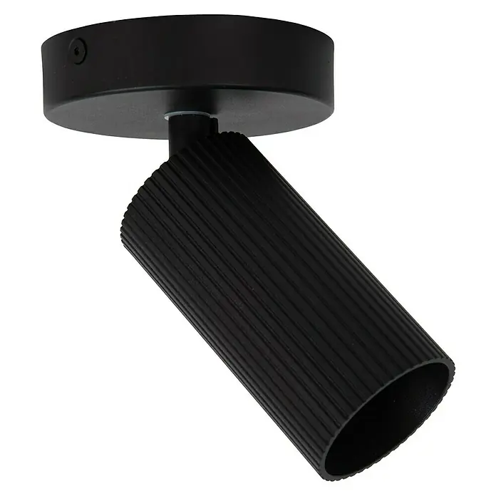 Lucide Clubs Deckenstrahler - 40 W, L x B x H: 17 x 10,5 x 9,5 cm, Schwarz, GU10, Anzahl Leuchtmittel: 1 Stk. - Diese Aufnahme zeigt einen stilvollen, schwarzen Deckenstrahler mit gerippter Oberfläche und modernem Design. Perfekt für zielgerichtete Beleuchtung.