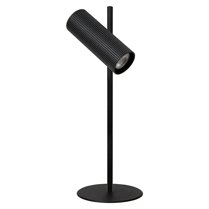 Lucide Clubs Tischleuchte - 40 W, L x B x H: 19,5 x 9 x 47 cm, Schwarz, GU10 - Eine moderne, schwarze Stehlampe mit einem zylindrischen Lampenkopf, der ein warmes Licht ausstrahlt. Ideal für Wohn- oder Arbeitsbereiche.