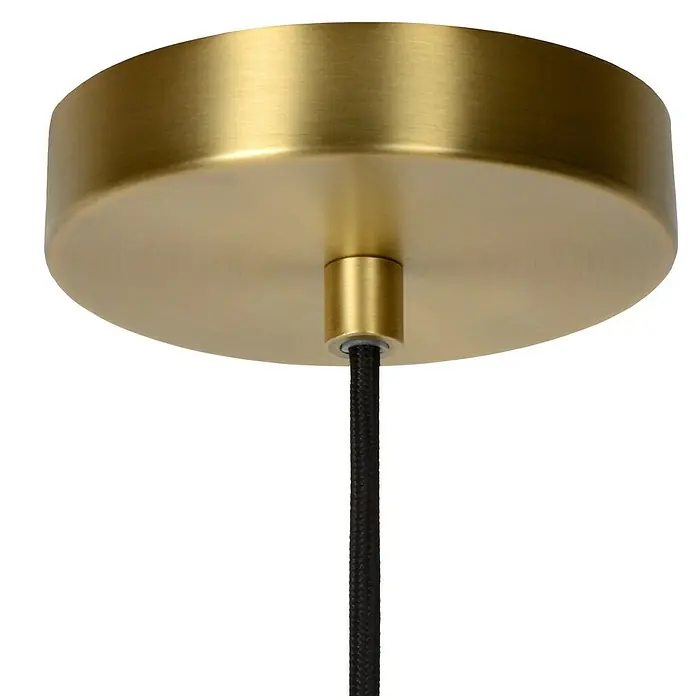 Lucide Maloto Pendelleuchte - 40 W, L x B x H: 150 x 20 x 150 cm, Bernstein/ Gold, E27 - Detailaufnahme einer goldenen Deckenleuchte mit Textilkabel, die ein elegantes und warmes Lichtambiente verspricht.