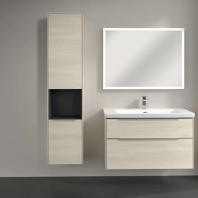 Villeroy & Boch Subway 3.0 Hochschrank - B x T x H: 40 x 36,2 x 171 cm, 1x offenes Fach, 2x Tür, White Oak, Farbe Griff: Aluminium glänzend, DIN Anschlag: Links - Elegantes Badezimmer-Set mit Waschbeckenunterschrank, Hochschrank und LED-Spiegel für ein modernes Ambiente im Badezimmer.