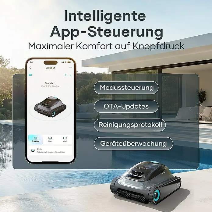 Aiper Poolroboter Scuba S1 2025 - Akkubetrieben, Pools bis 150 m² Grundfläche, 15.900 l/h - Das Bild zeigt den Aiper Scuba S1 Poolreinigungsroboter, der über eine intelligente App gesteuert wird und maximalen Komfort auf Knopfdruck bietet.