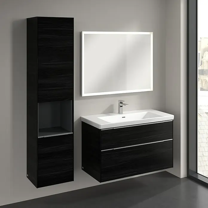 Villeroy & Boch Subway 3.0 Hochschrank - B x T x H: 40 x 36,2 x 171 cm, 1x offenes Fach, 2x Tür, Black Oak, Farbe Griff: Aluminium glänzend, DIN Anschlag: Links - Stilvolles Badezimmer-Set mit Waschbeckenunterschrank, Hochschrank und beleuchtetem Spiegel. Modernes Design in Schwarz mit Holzstruktur.