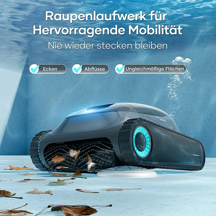 Aiper Poolroboter Scuba S1 2025 - Akkubetrieben, Pools bis 150 m² Grundfläche, 15.900 l/h - Das Bild zeigt einen Poolreinigungsroboter mit Raupenlaufwerk, der Blätter und Schmutz aufsaugt. Er bietet hervorragende Mobilität für Ecken, Abflüsse und unebene Flächen.