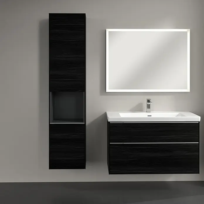 Villeroy & Boch Subway 3.0 Hochschrank - B x T x H: 40 x 36,2 x 171 cm, 1x offenes Fach, 2x Tür, Black Oak, Farbe Griff: Aluminium glänzend, DIN Anschlag: Links - Modernes Badezimmer-Set in Schwarz mit Waschtischunterschrank, Spiegelschrank und Hochschrank für stilvolle Badgestaltung.