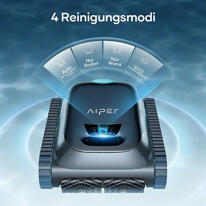 Aiper Poolroboter Scuba S1 2025 - Akkubetrieben, Pools bis 150 m² Grundfläche, 15.900 l/h - Das Bild zeigt einen Aiper Poolreinigungsroboter mit verschiedenen Reinigungsmodi.