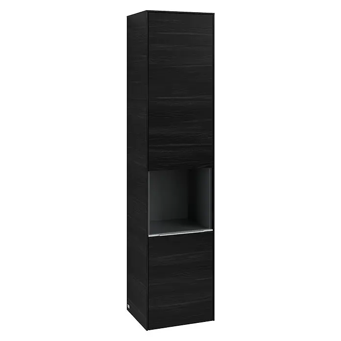 Villeroy & Boch Subway 3.0 Hochschrank - B x T x H: 40 x 36,2 x 171 cm, 1x offenes Fach, 2x Tür, Black Oak, Farbe Griff: Aluminium glänzend, DIN Anschlag: Links - Elegantes, hohes Regal in dunklem Holzdesign mit einer offenen Ablagefläche in der Mitte, ideal für moderne Wohnräume und zur stilvollen Aufbewahrung.