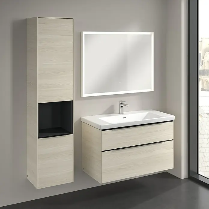 Villeroy & Boch Subway 3.0 Hochschrank - B x T x H: 40 x 36,2 x 171 cm, 1x offenes Fach, 2x Tür, White Oak, Farbe Griff: Volcano black, DIN Anschlag: Links - Moderne Badezimmer-Kombination mit Waschtischunterschrank, Spiegelschrank mit Beleuchtung und Hochschrank in Holzoptik.