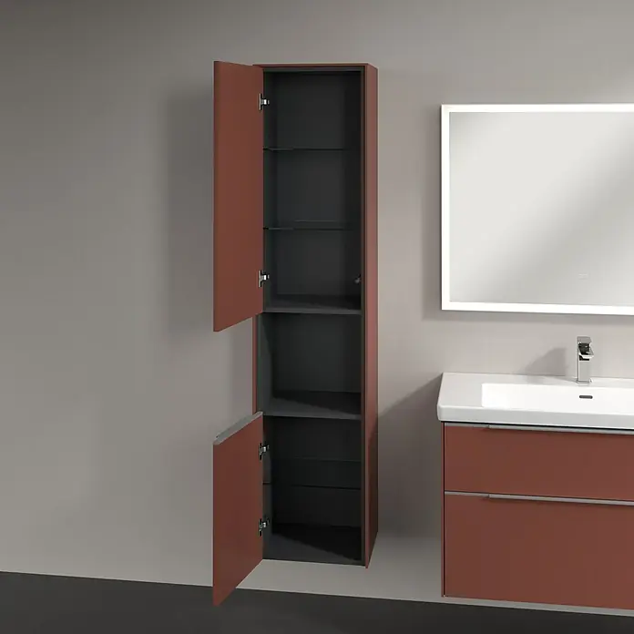 Villeroy & Boch Subway 3.0 Hochschrank - B x T x H: 40 x 36,2 x 171 cm, 1x offenes Fach, 2x Tür, Wine Red, Farbe Griff: Aluminium glänzend, DIN Anschlag: Links - Moderne Badezimmergestaltung mit hochschrank, Waschbeckenunterschrank und beleuchtetem Spiegel, für ein stilvolles Ambiente im Bad.