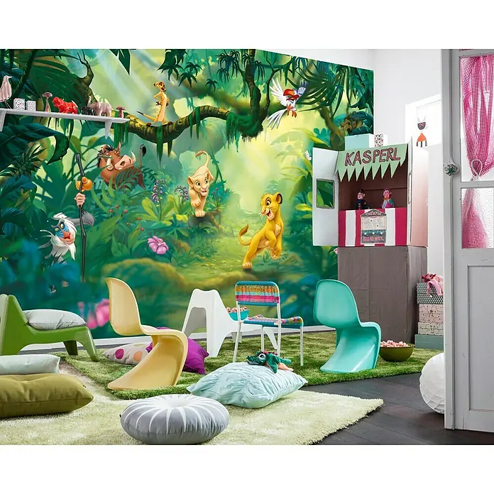 Komar Disney Edition 4 Fototapete Lion King Jungle - 8 -tlg., B x H: 368 x 254 cm, Papier - Das bunte Kinderzimmer mit der detailreichen Lion-King-Tapete sorgt für eine fantasievolle Atmosphäre mit viel Spielraum und bequemen Sitzgelegenheiten.
