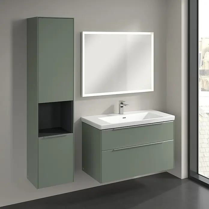 Villeroy & Boch Subway 3.0 Hochschrank - B x T x H: 40 x 36,2 x 171 cm, 1x offenes Fach, 2x Tür, Soft Green, Farbe Griff: Aluminium glänzend, DIN Anschlag: Links - Modernes Badezimmer-Set in Grün mit Waschtischunterschrank, Waschbecken, Spiegelschrank mit Beleuchtung und Hochschrank für ein stilvolles Ambiente.