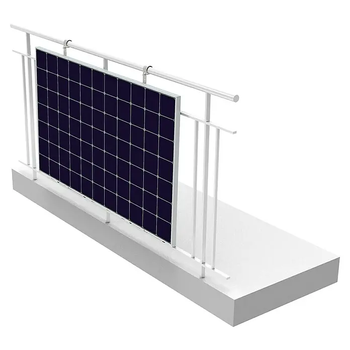 Schwaiger Montage-Set - 9 Stk., Passend für: Solarmodule - Das Bild zeigt ein Solarmodul mit einem weißen Rahmen und einem Trägersystem. Das Solarmodul ist auf einer Plattform befestigt.