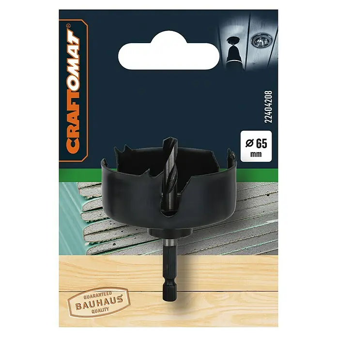 Craftomat Lochsäge - 65 mm, ¼″ Sechskant - Das Bild zeigt eine schwarze Lochsäge von Craftomat mit einem Durchmesser von 65 mm, ideal für präzise Holzarbeiten.