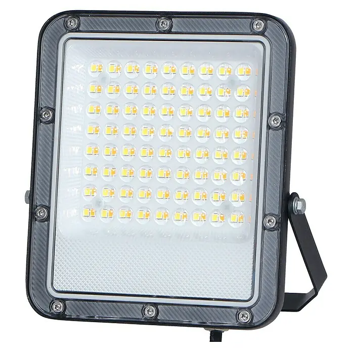 Panaled Zafra Proyector LED - 50 W, Gris - Primer plano de un reflector LED, que muestra su robusta carcasa y diodos emisores de luz brillantes y eficientes para una iluminación fiable.