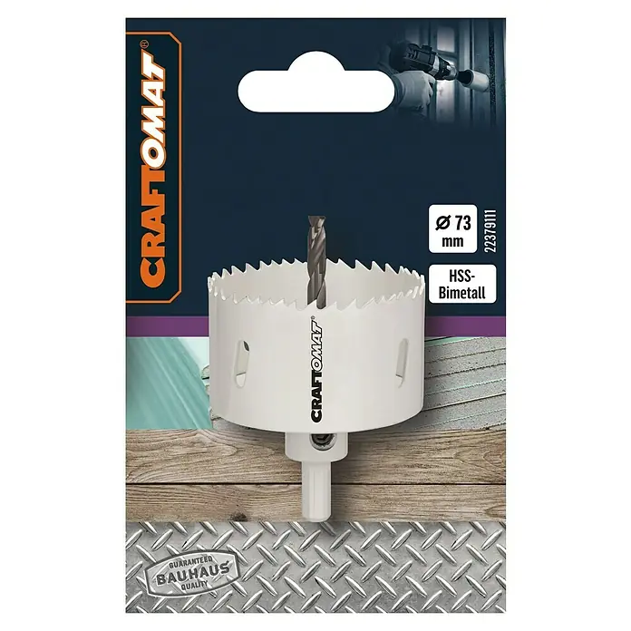 Craftomat Lochsäge - 73 mm, Stahl, Durchmesser Schaft: 10 mm HEX - Abbildung eines CRAFTOMAT Lochsäge-Bit-Sets, ideal zum Bohren sauberer Löcher in verschiedene Materialien mit einem Durchmesser von 73 mm.