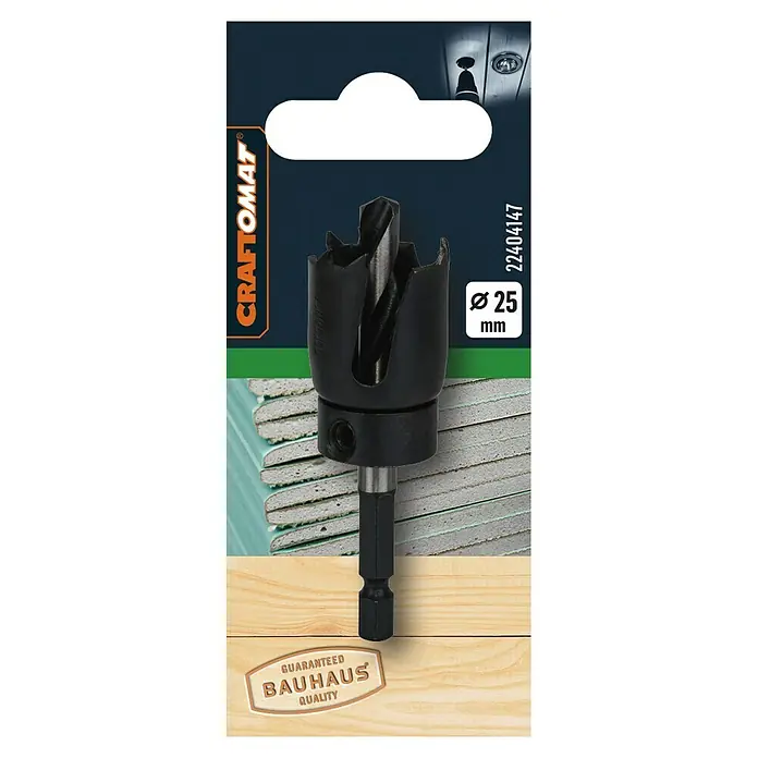Craftomat Sierra de corona - 25 mm, Hexágono ¼'' - Esta imagen muestra una sierra de corona Craftomat de 25 mm con garantía de calidad Bauhaus, ideal para taladrar con precisión varios materiales.