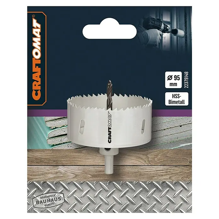 Craftomat Lochsäge - 95 mm, Stahl, Durchmesser Schaft: 10 mm HEX - Craftomat Lochsäge mit Bohrer. Das Werkzeug eignet sich für präzise Ausschnitte in Holz und anderen Materialien mit 95mm Durchmesser.