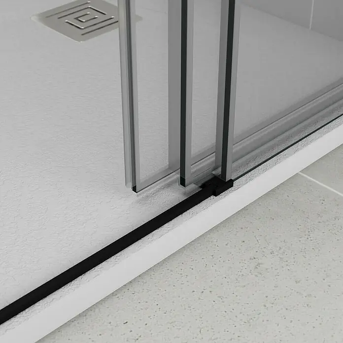 GME Mampara de ducha frontal Trio - 121 mm x 195 cm, Espesor de vidrio: 6 mm, Negro - Primer plano de una cabina de ducha con puerta corredera, destacando el aspecto moderno y la funcionalidad del producto.