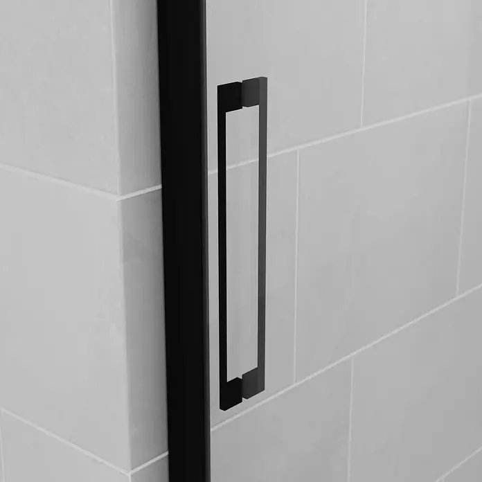 GME Mampara de ducha frontal Trio - 121 mm x 195 cm, Espesor de vidrio: 6 mm, Negro - Imagen de una moderna cabina de ducha con una manija negra rectangular en una pared de azulejos blancos, mostrando un diseño de baño elegante.