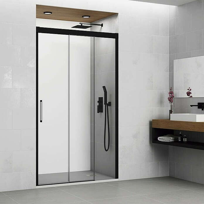 GME Mampara de ducha frontal corredera Trio (121 mm x 195 cm, Espesor de vidrio: 6 mm, Negro) | BAUHAUS