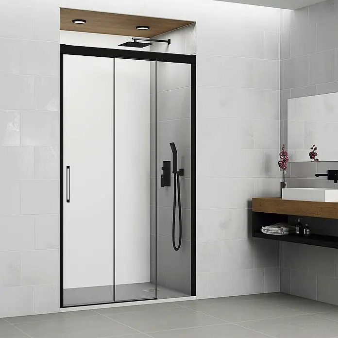 GME Mampara de ducha frontal Trio - 121 mm x 195 cm, Espesor de vidrio: 6 mm, Negro - Elegante baño con una moderna cabina de ducha de marco negro que realza la estética de la habitación con un toque de sofisticación.
