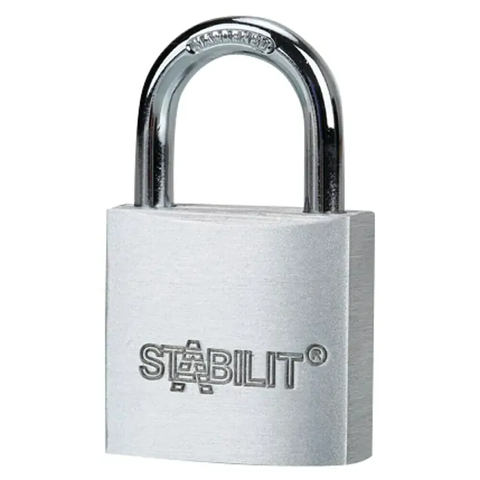 Stabilit Candado A30 - Ancho: 30 mm, Espesor de estribo: 4,8 mm - Primer plano de un candado plateado Stabilit, diseñado para seguridad y protección.