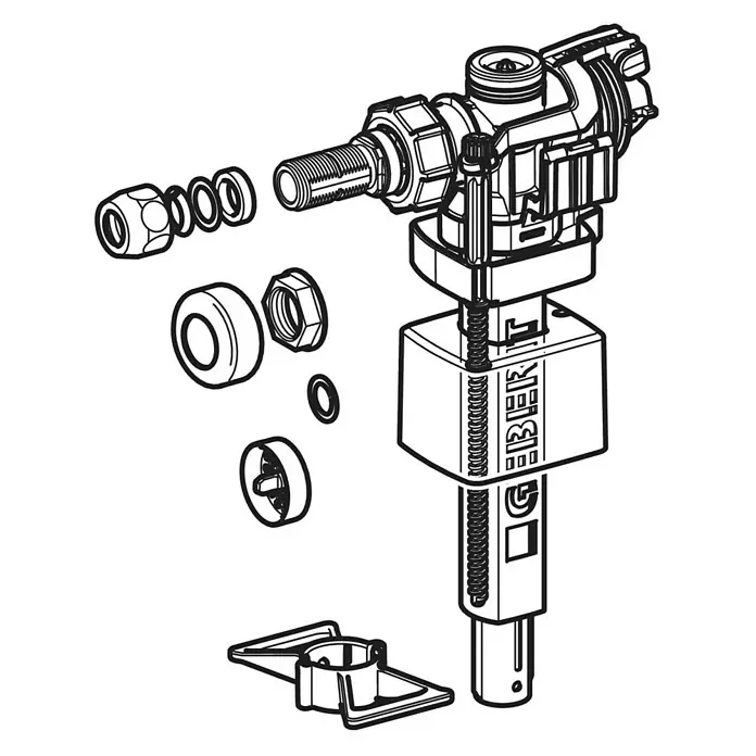 Geberit Füllventil - Passend für: Keramikspülkästen - Produktabbildung eines Geberit Füllventils, das in Einzelteile zerlegt ist, ideal zur Darstellung von Aufbau und Funktion.