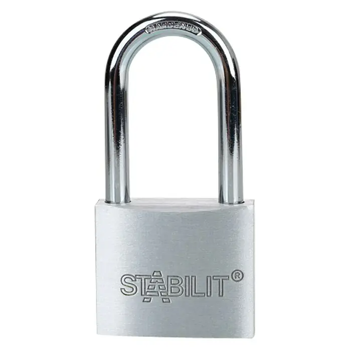 Stabilit Candado A40-42 - 40 x 81 mm, 1 ud., Aluminio - Esta imagen muestra un candado de color plateado de Stabilit. El candado está cerrado y consta de un grillete y un cuerpo de cerradura.