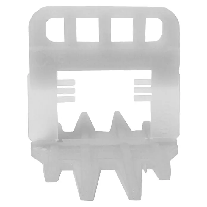 Tayg Sistema de nivelación - 1 mm, 250 ud. - Primer plano de un sujetador de persiana blanco con aberturas rectangulares y una sección central aserrada.