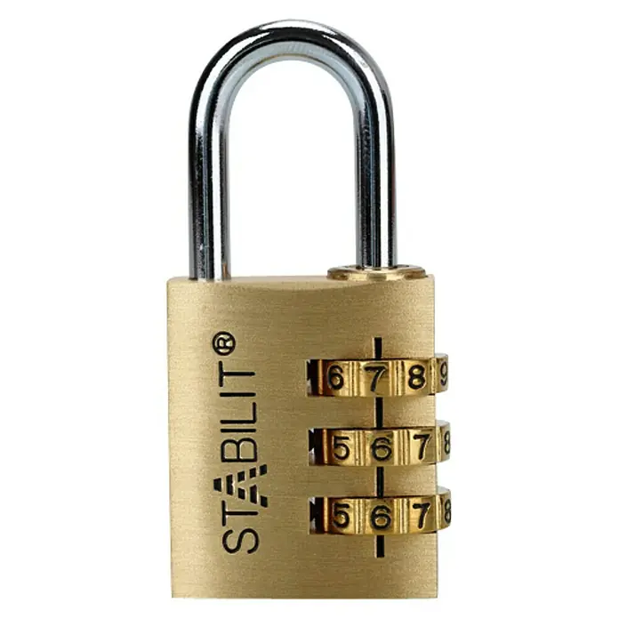 Stabilit Candado con combinación ZM-30 - 30,5 x 65 mm, Latón, Número de dígitos en combinación: 3 ud. - Primer plano de un candado dorado STABILIT® con un bloqueo de combinación de tres dígitos para mayor seguridad.