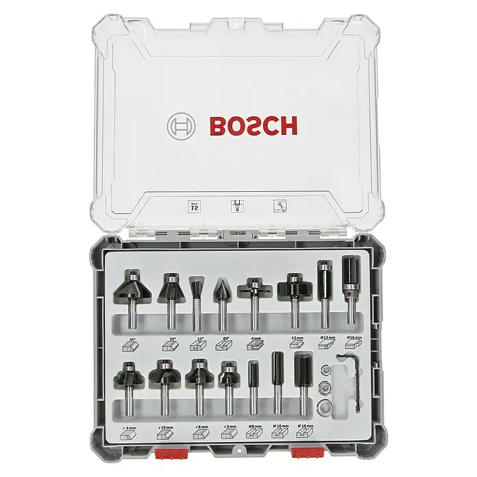Bosch Fräser-Set Mixed - 15 -tlg., Durchmesser Schaft: 8 mm - Bosch Fräser-Set in einem transparenten Kunststoffkoffer mit verschiedenen Fräsern für Holzbearbeitung.