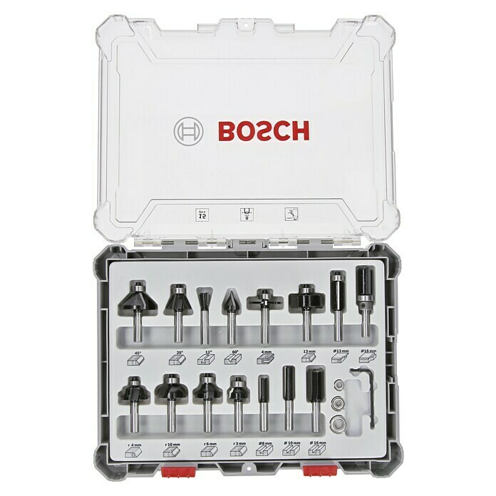 Bosch Fräser-Set Mixed15 -tlg., Durchmesser Schaft: 8 mm Front View