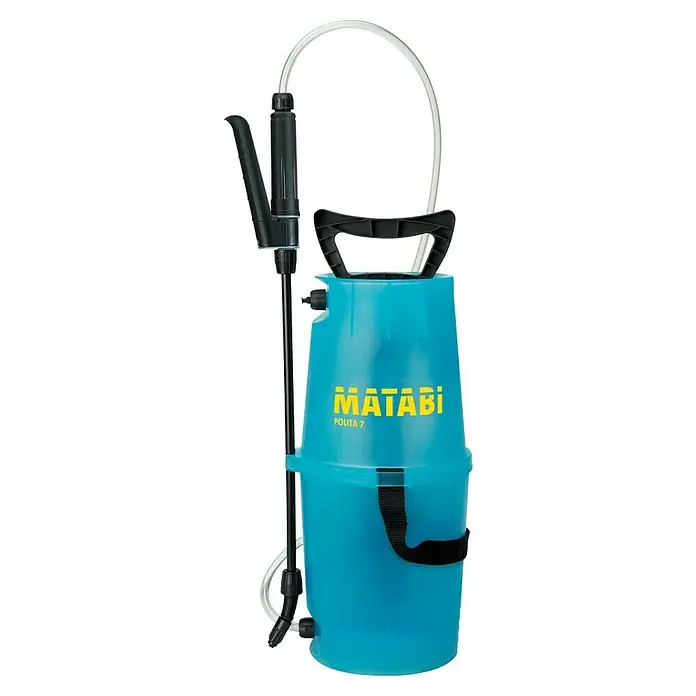 Matabi Sulfatadora Polita 7 - Plástico - Un pulverizador de jardín azul Matabi Polita 7 con bomba y correa de transporte para un uso cómodo en el jardín.