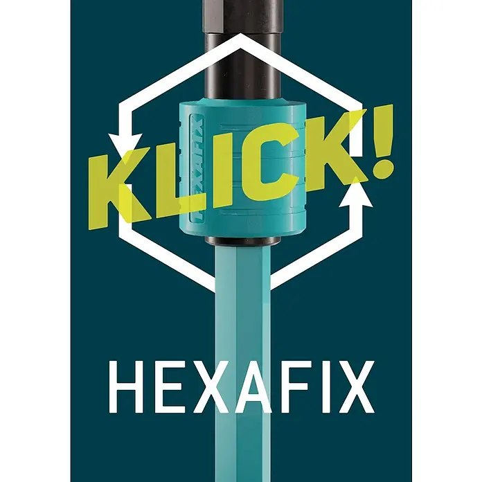 Collomix ErgoMix Rührwerk Ergomix 1400 HF - Mischvolumen: 70 l, Gangzahl: 2 Stk. - Nahaufnahme des Hexafix-Produkts mit dem Aufdruck "KLICK!" und dem Slogan "HEXAFIX" für eine schnelle und einfache Befestigung.