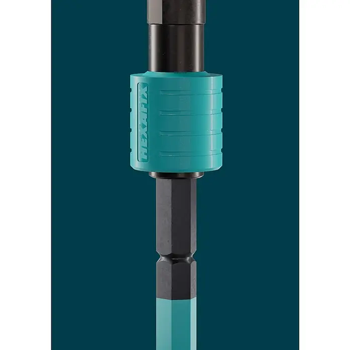 Collomix ErgoMix Rührwerk Ergomix 1400 HF - Mischvolumen: 70 l, Gangzahl: 2 Stk. - Nahaufnahme eines HEXAFIX-Bohrers mit blaugrünem Griff und schwarzem Schaft vor einem marineblauen Hintergrund.
