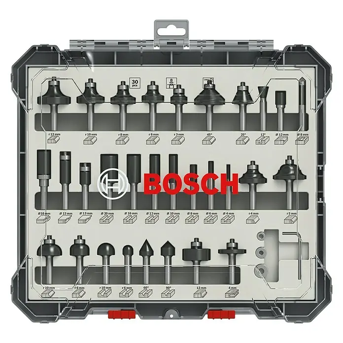 Bosch Fräser-Set Mixed - 30 -tlg., Durchmesser Schaft: 8 mm - Das Bosch Fräser-Set mit 30 Teilen bietet eine vielseitige Auswahl an Fräsern für präzise Holzarbeiten. Perfekt für Profis und Heimwerker.