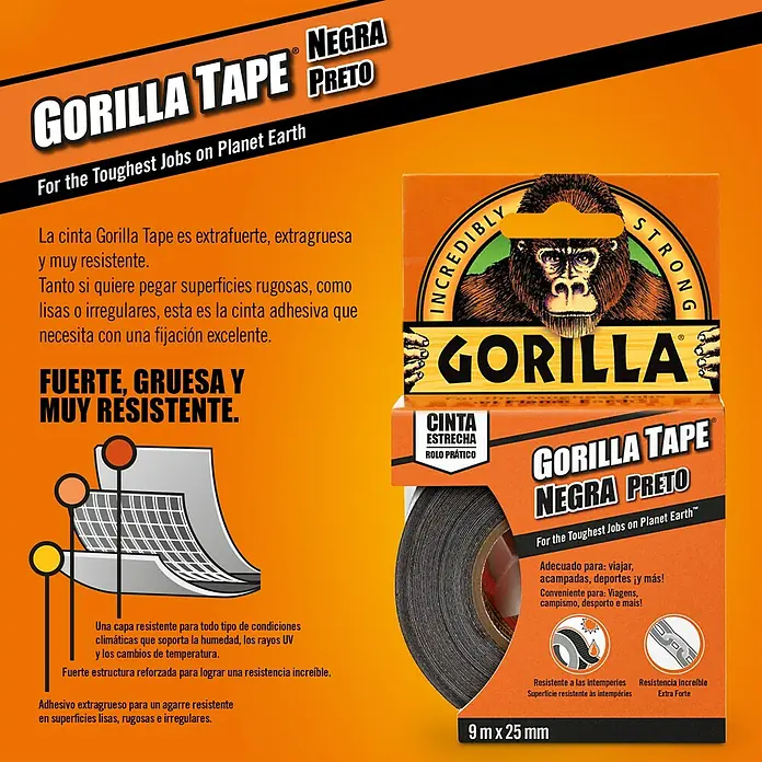 Gorilla Cinta de reparación Americana - Negro, 9 m x 25 mm - Gorilla Tape: Cinta adhesiva negra resistente para aplicaciones exigentes. Ideal para reparaciones interiores y exteriores, extra fuerte y fiable.