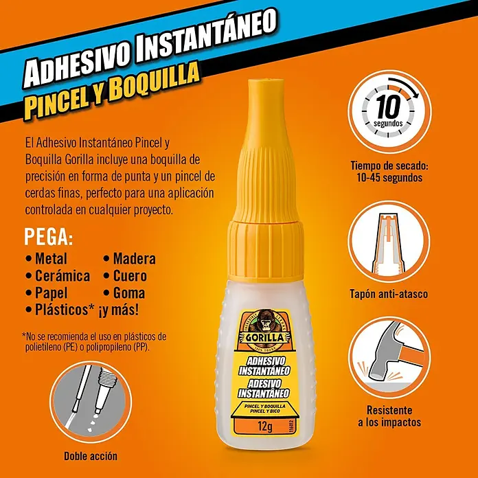 Gorilla Adhesivo instantáneo con pincel y boquilla - 12 g - Imagen de la botella de pegamento instantáneo Gorilla con brocha y boquilla, que se adhiere a diversos materiales como metal y cerámica.