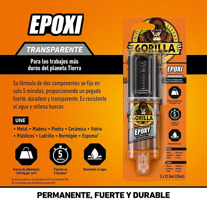 Gorilla Adhesivo bicomponente epoxi - 25 g - Gorilla Epoxi Transparente: Adhesivo epoxi de dos componentes para uniones fuertes, duraderas y transparentes, ideal para varios materiales.