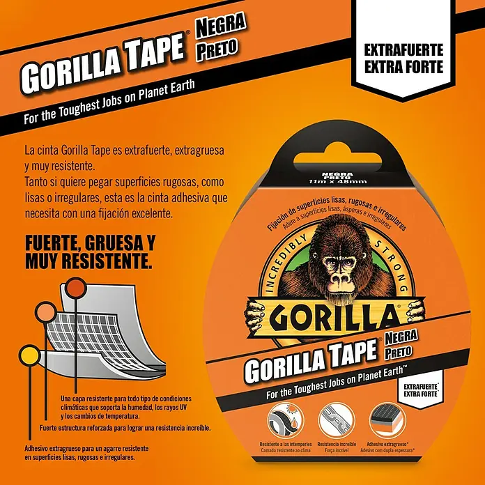 Gorilla Cinta de reparación Americana - Negro, 11 m x 48 mm - La imagen muestra la cinta Gorilla negra "Negra Preto", una cinta extra fuerte y resistente diseñada para las tareas más difíciles.