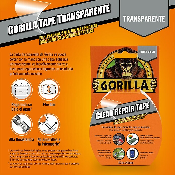 Gorilla Cinta de reparación Americana (Transparente, 8,2 m x 48 mm) | BAUHAUS